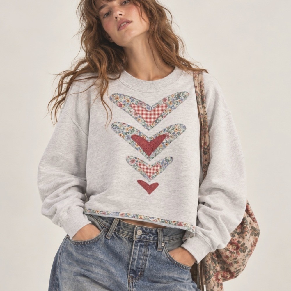 Vintage Patchwork Sweatshirt Heart Cropped M Gray 90s Cottage Retro Boho Granny